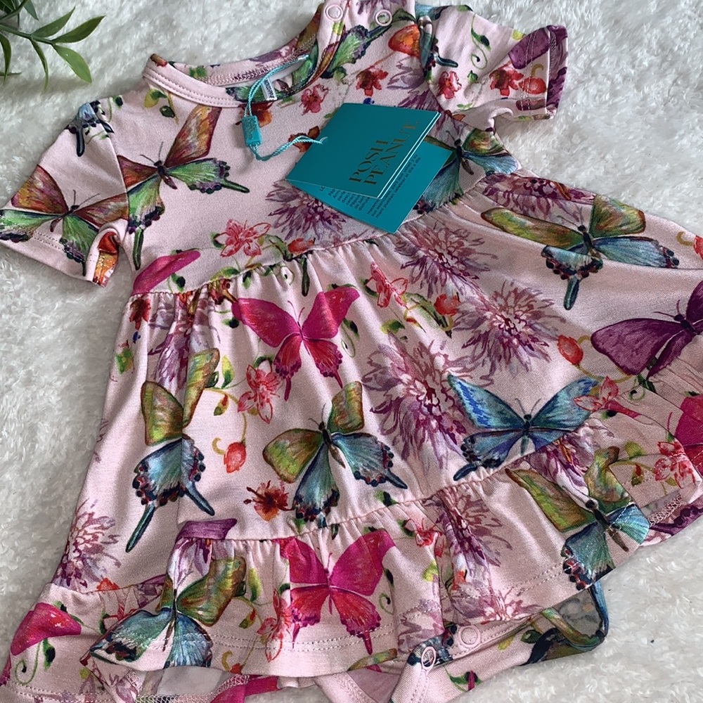 NWT Posh Peanut Watercolor Butterfly Floral Bodysuit Dress 0-3M Bamboo - Picture 8 of 8